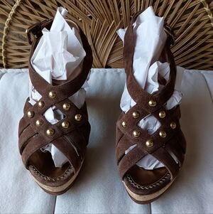 Prada Brown Suede Leather Strappy Sandals with Gold Studs